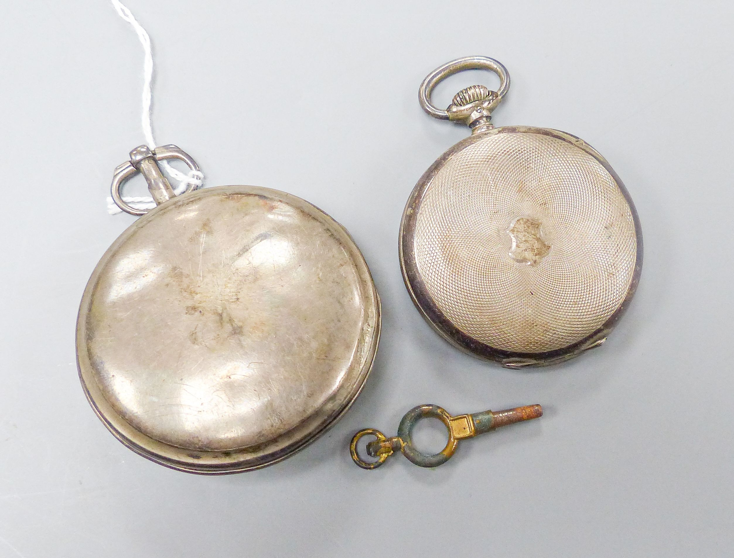 A late 18th century French silver keywind pocket watch by Borguin le Jeune, chain driven and with white enamel dial (lacking glass), case diameter 6cm. and an IWC 800 standard pocket watch.